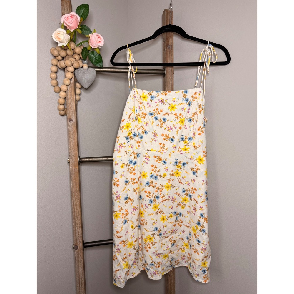 Old Navy Womens XL Linen Blend Floral Tie Strap Mini Dress White Yellow Blue